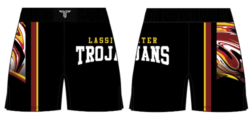 Black Lassiter Trojans fight shorts, front and back, with maroon and gold side stripes