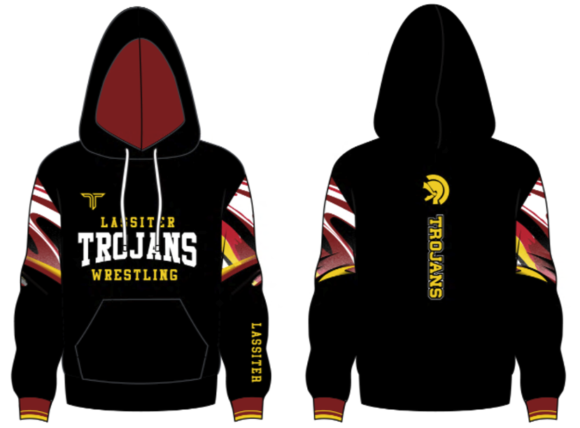 Black Lassiter Trojans Wrestling hoodie, front and back, with a maroon-lined hood and swirl sleeves