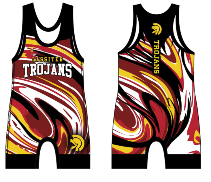 Lassiter Trojans competition singlet, front and back, in a maroon, red, gold and white swirl