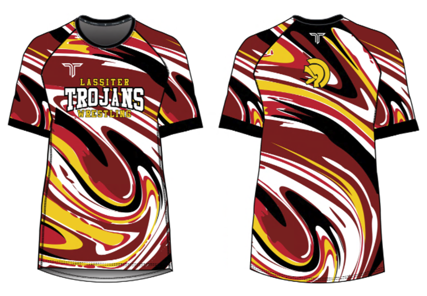 Lassiter Trojans Wrestling short-sleeve raglan shirt, front and back, in a maroon, red, gold and white swirl